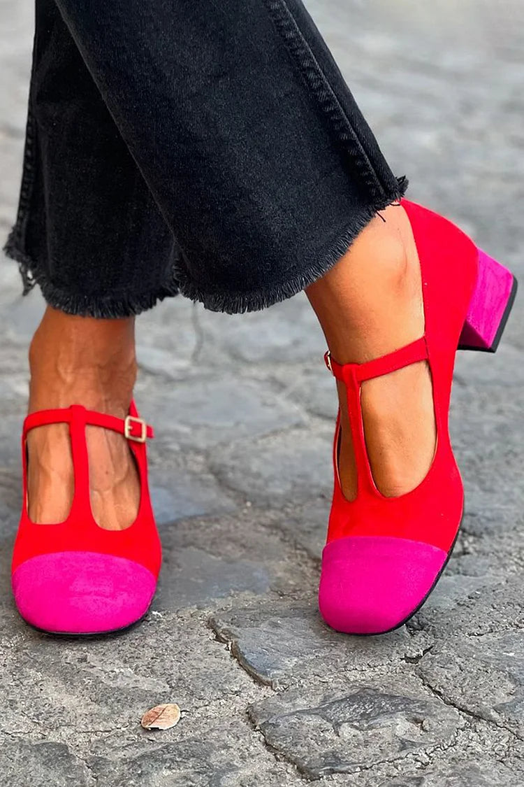 Scarpe da Donna Decollete T-Strap con Tacco Basso Comodo