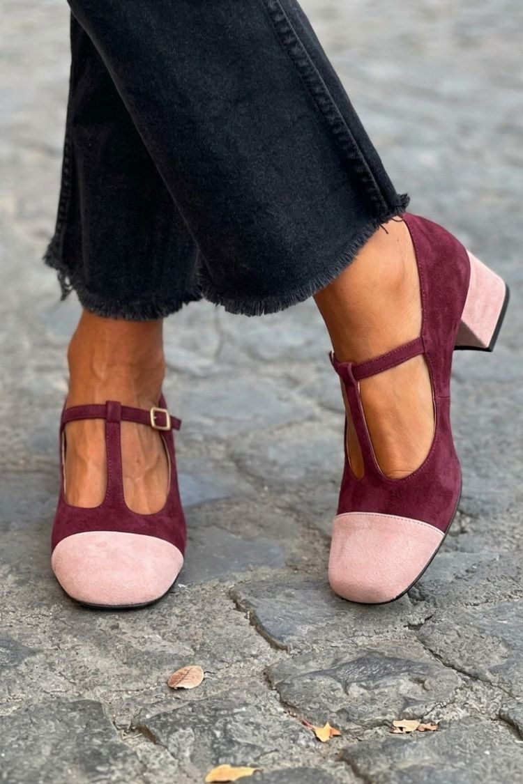 Scarpe da Donna Decollete T-Strap con Tacco Basso Comodo
