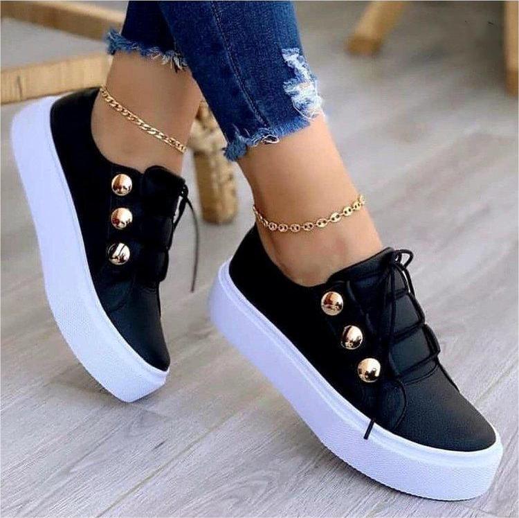 Sneakers Donna Casual Basse con Bottoni Dorati Decorativi