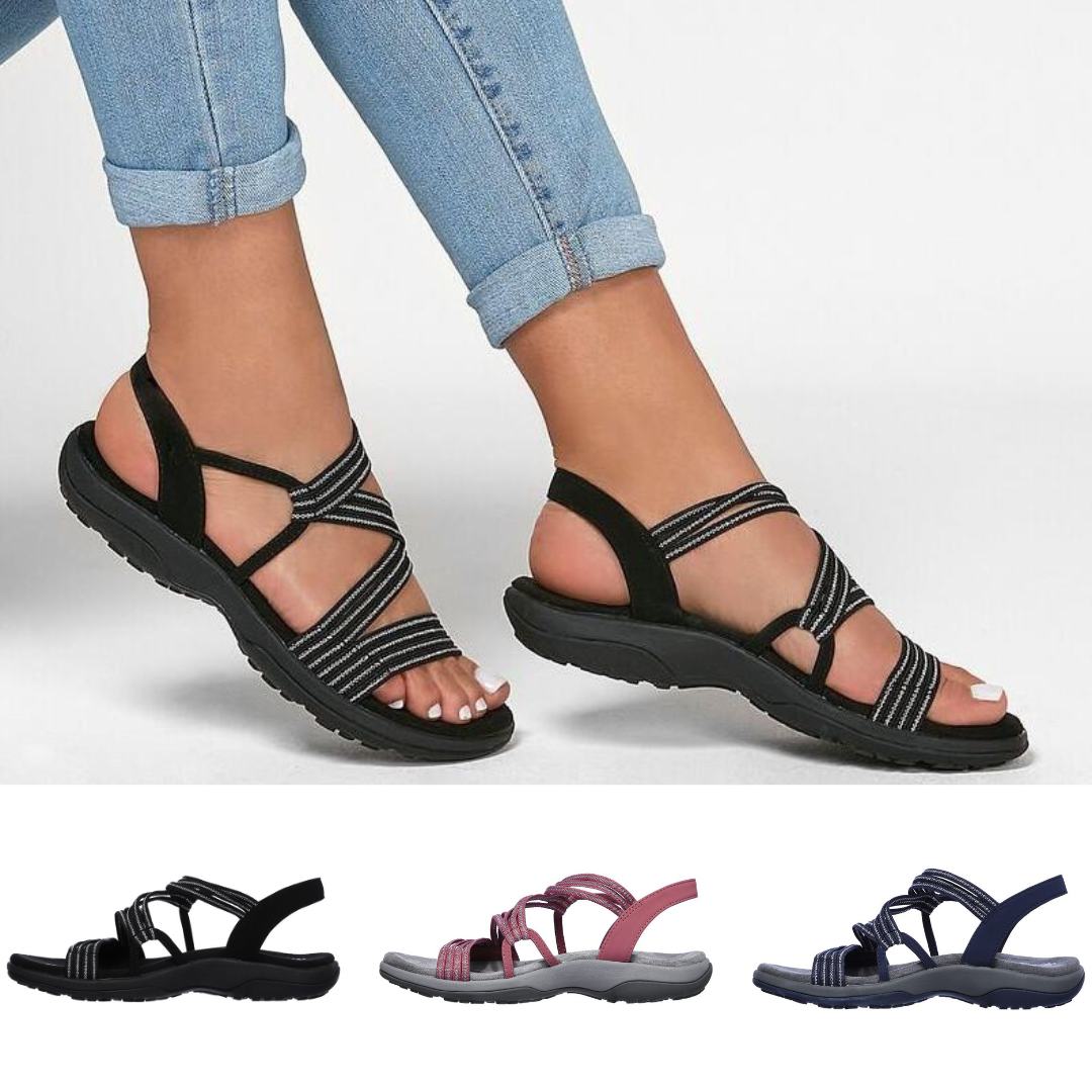 Damen-Flachsandalen mit gekreuzten Elastikriemen