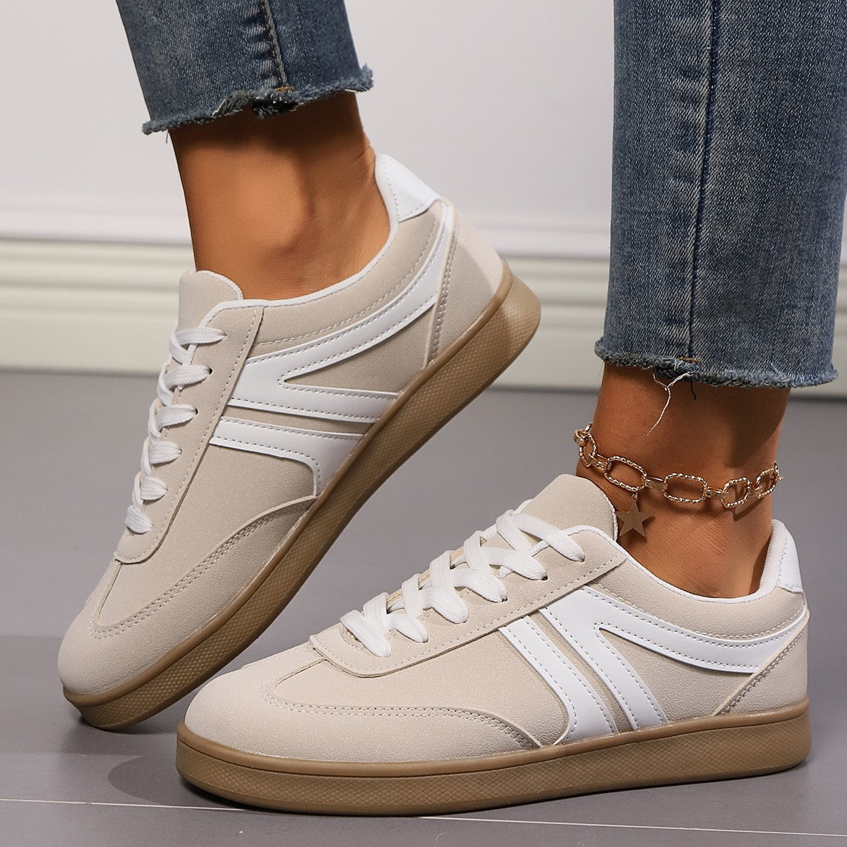Sneakers Donna Casual Basse Stile Retrò con Suola Piatta Antiscivolo in similpelle