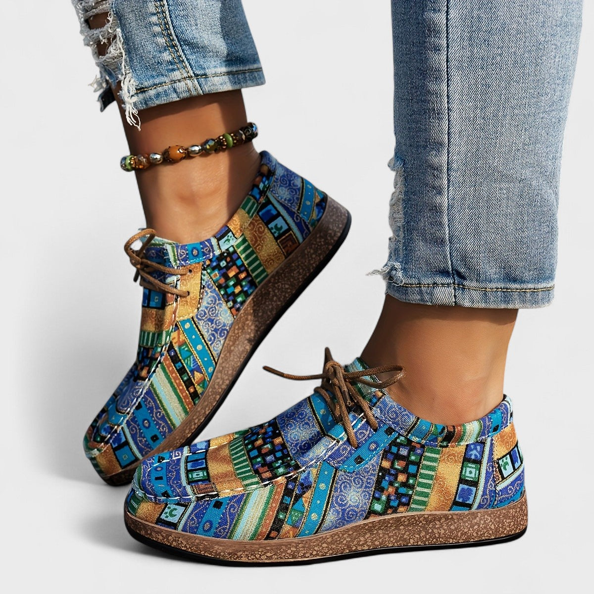 Scarpe Donna Mocassini Casual Slip On Fantasia Etnica con Lacci