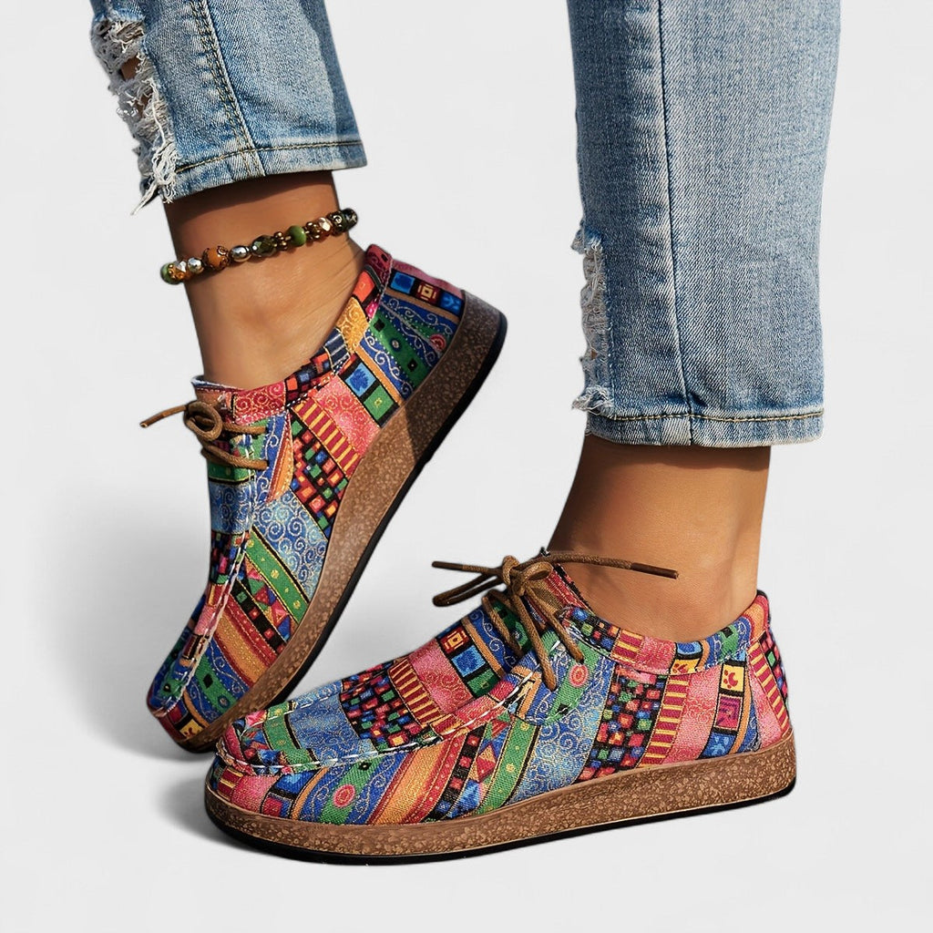 Scarpe Donna Mocassini Casual Slip On Fantasia Etnica con Lacci