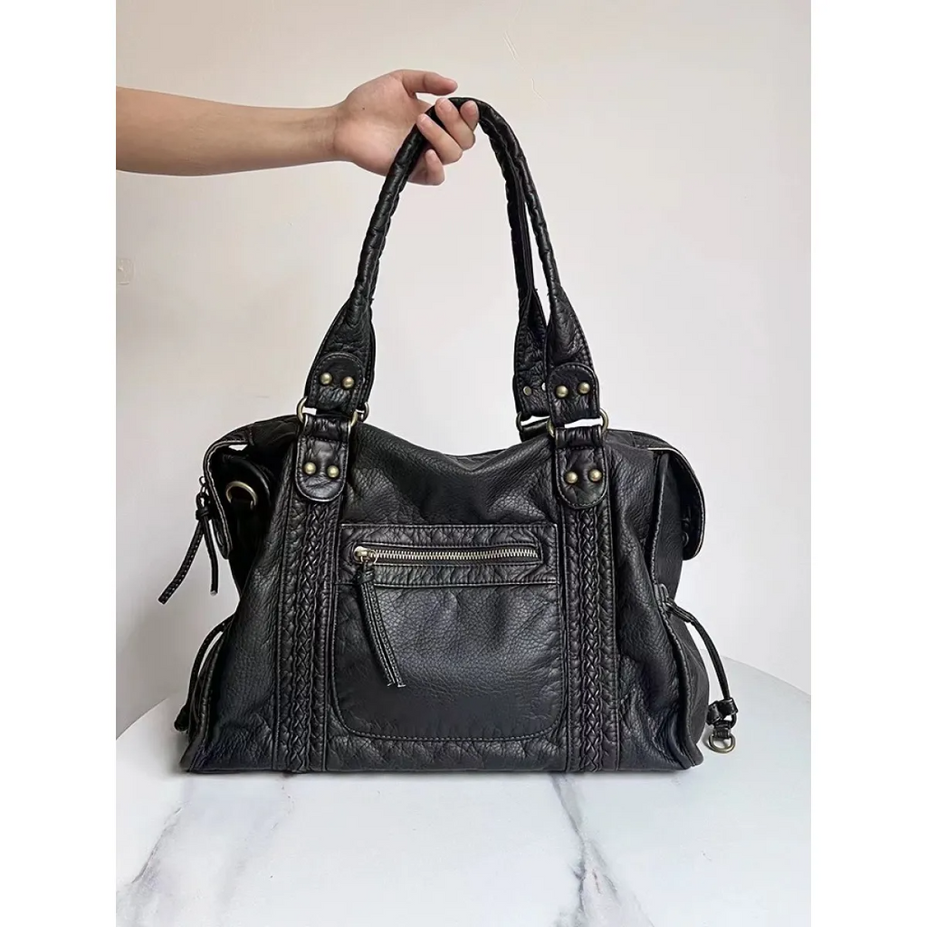 Borsa a Spalla Donna Nera in similpelle Lavata Vintage - Bauletto Capiente con Borchie