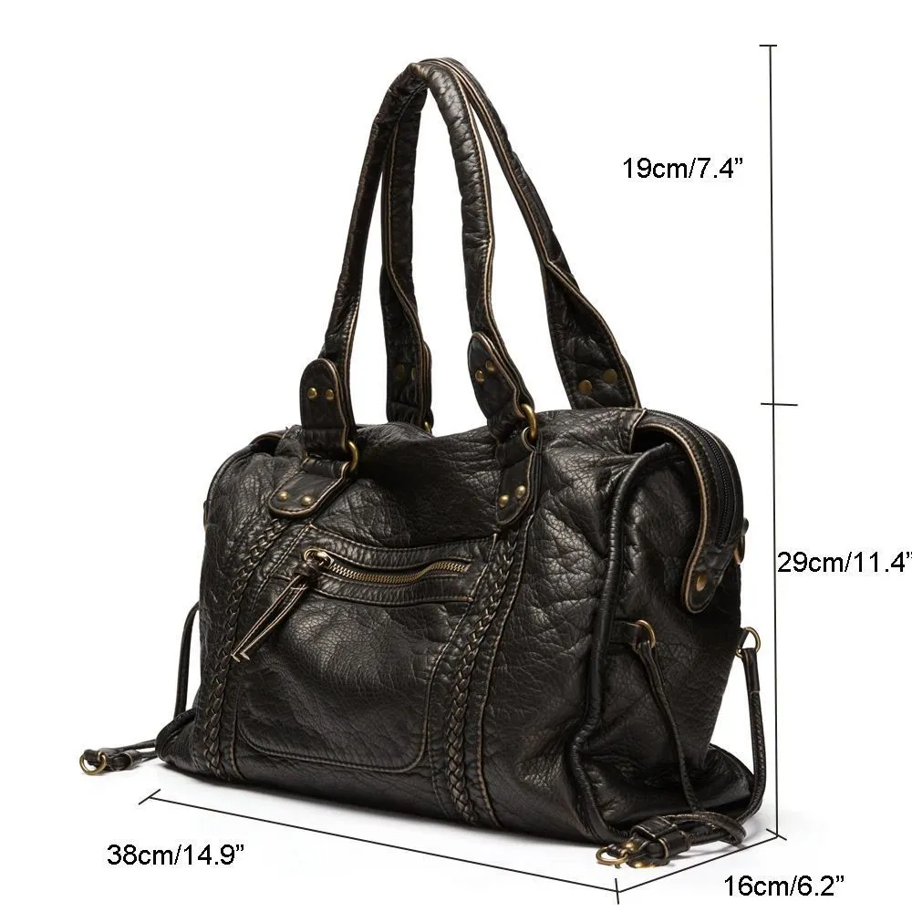 Borsa a Spalla Donna Nera in similpelle Lavata Vintage - Bauletto Capiente con Borchie