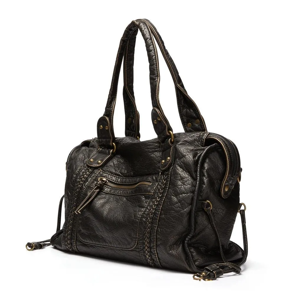Borsa a Spalla Donna Nera in similpelle Lavata Vintage - Bauletto Capiente con Borchie