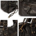Borsa a Spalla Donna Nera in similpelle Lavata Vintage - Bauletto Capiente con Borchie