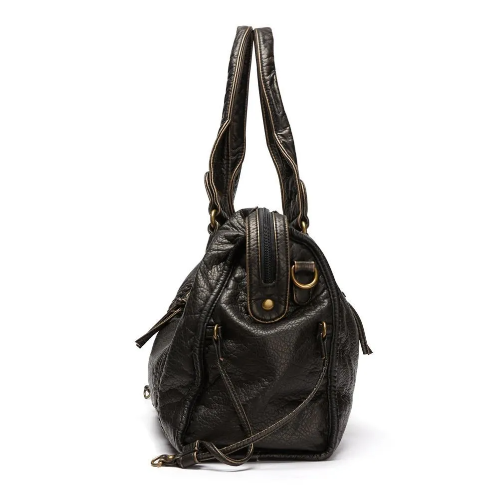 Borsa a Spalla Donna Nera in similpelle Lavata Vintage - Bauletto Capiente con Borchie