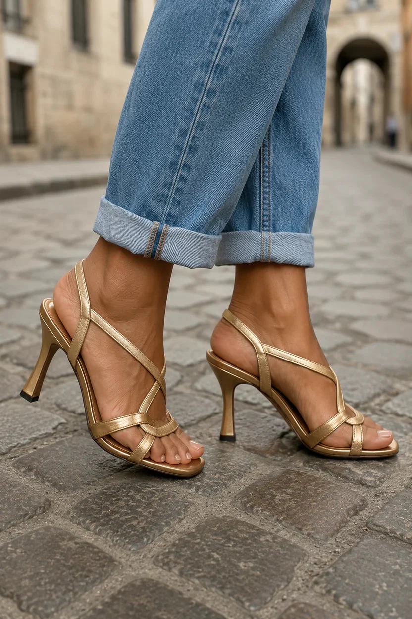 Sandali Oro Donna con Tacco Medio Spillo Cinturini Incrociati Elegante da Cerimonia e Serata