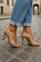 Sandali Oro Donna con Tacco Medio Spillo Cinturini Incrociati Elegante da Cerimonia e Serata