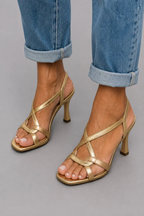 Sandali Oro Donna con Tacco Medio Spillo Cinturini Incrociati Elegante da Cerimonia e Serata