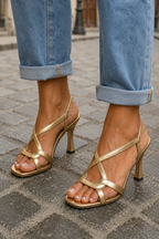 Sandali Oro Donna con Tacco Medio Spillo Cinturini Incrociati Elegante da Cerimonia e Serata